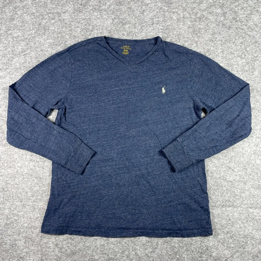Polo Ralph Lauren T-Shirt Mens M Blue V-Neck Long Sleeve Pony Heathered Preppy